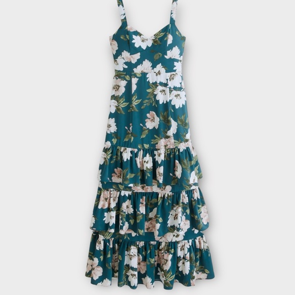 Abercrombie & Fitchburg Green Maxi Dress SZ S Floral Ruffle Tier Women Coquette - Picture 3 of 9